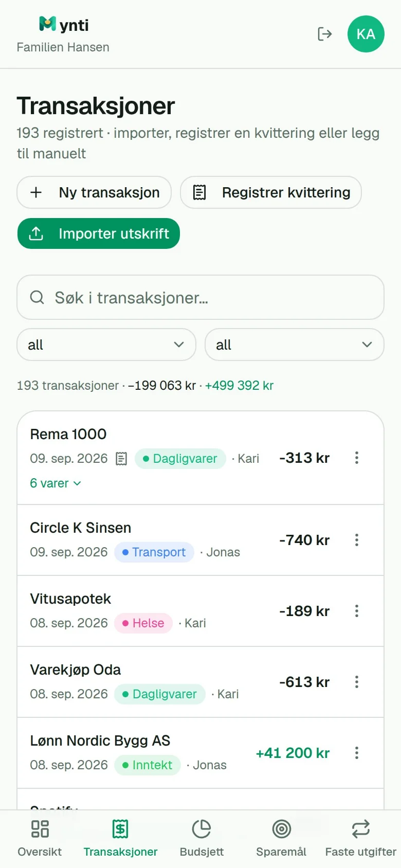 Transaksjoner i Mynti på mobil